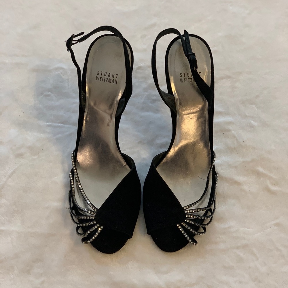Stuart Weitzman Black Rhinestone Strappy Sandal Heels w/Ankle Strap Sz 10.5!